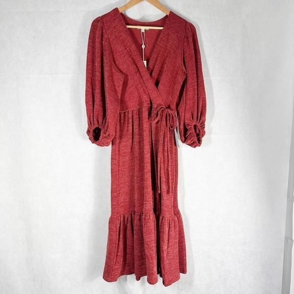 Max Studio Surplice Balloon Sleeve Faux Wrap Midi Dress Size Medium - Picture 2 of 9